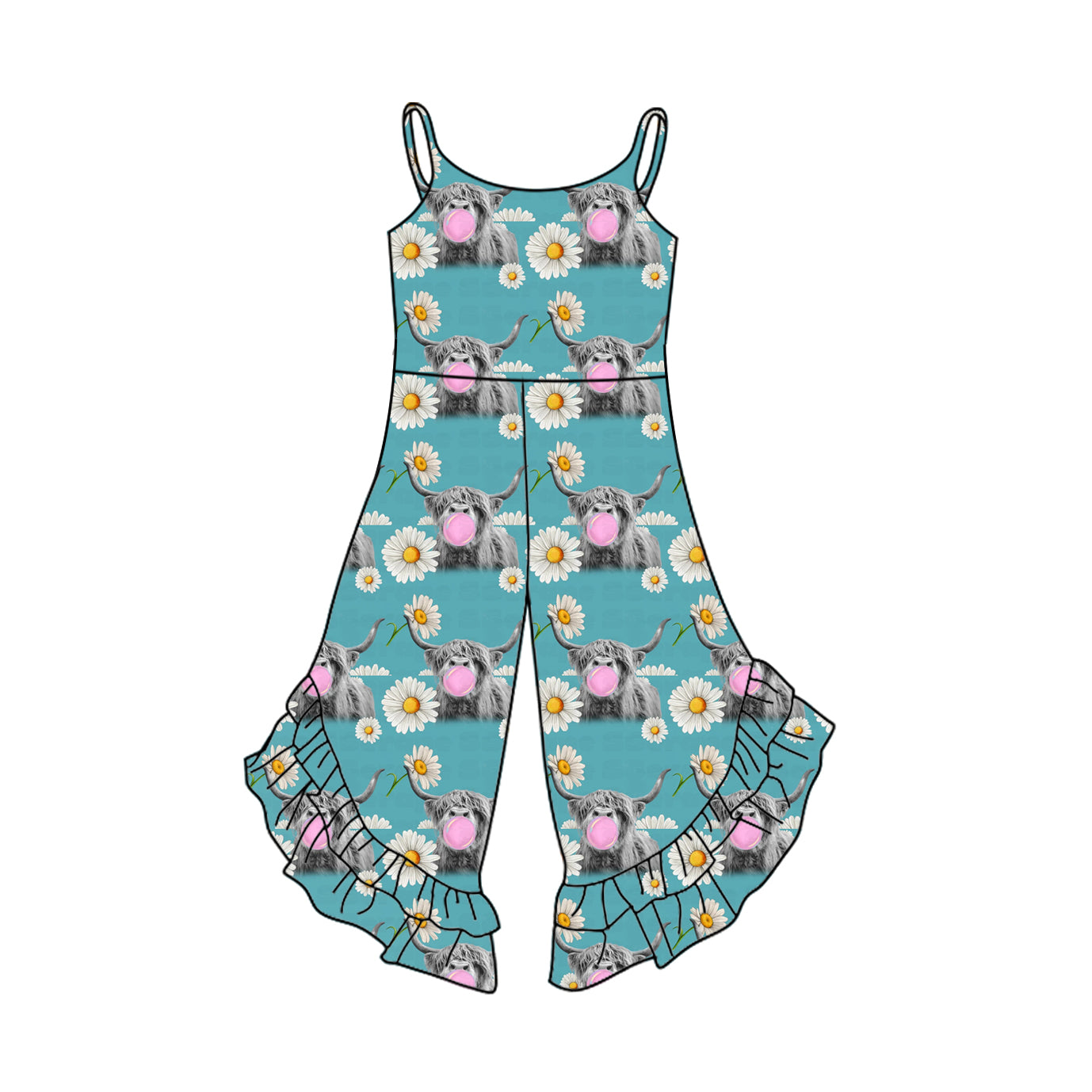 Preorder Baby Girl Straps Western Cow Flower Bell Pants Green Jumpsuit ( Moq 5 )