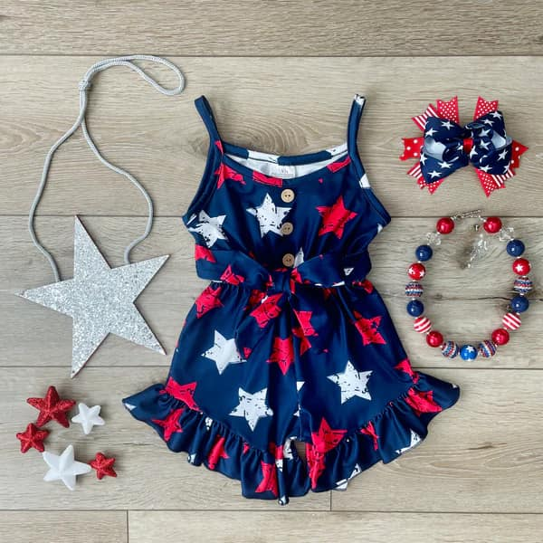 Preorder Baby Girl Straps July 4th Stars Ruffle Shorts Jumpsuit ( Moq 5 )