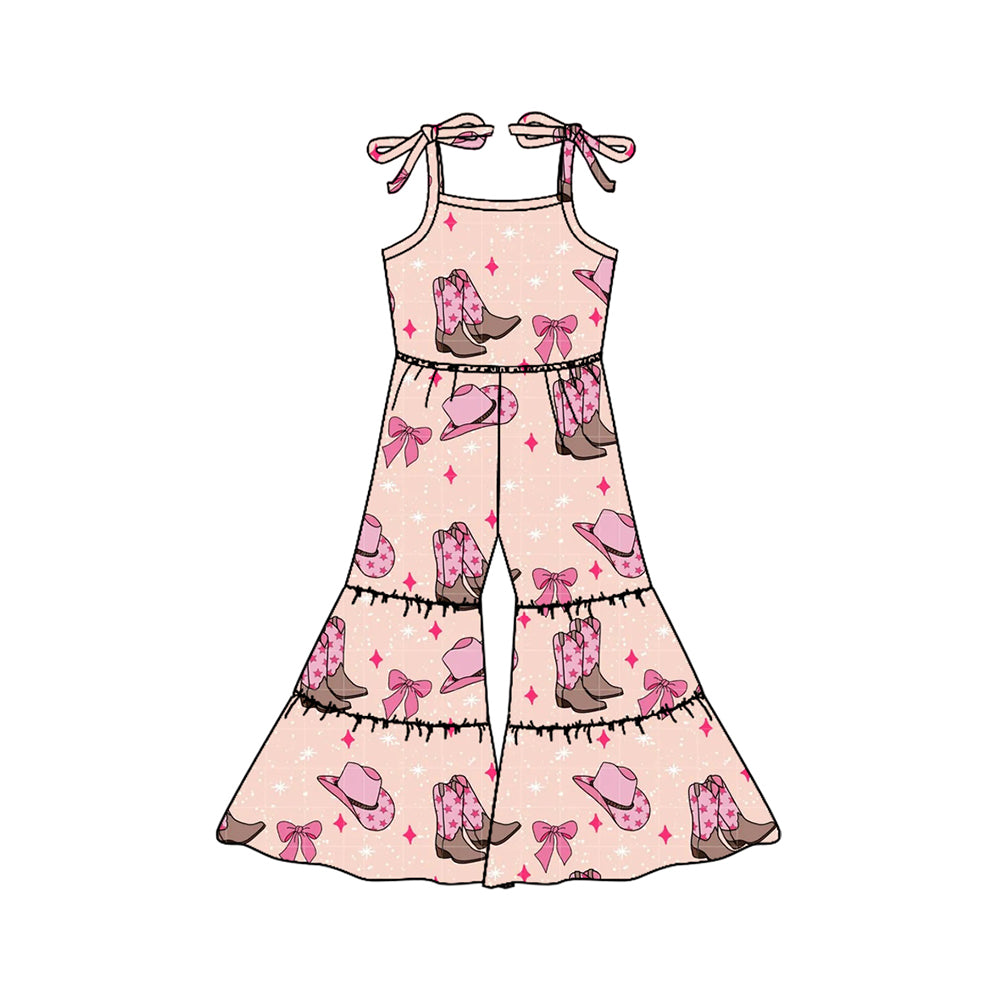 Preorder Baby Girl Straps Western Boots Hats Bows Bell Pants Pink Jumpsuit ( Moq 5 )