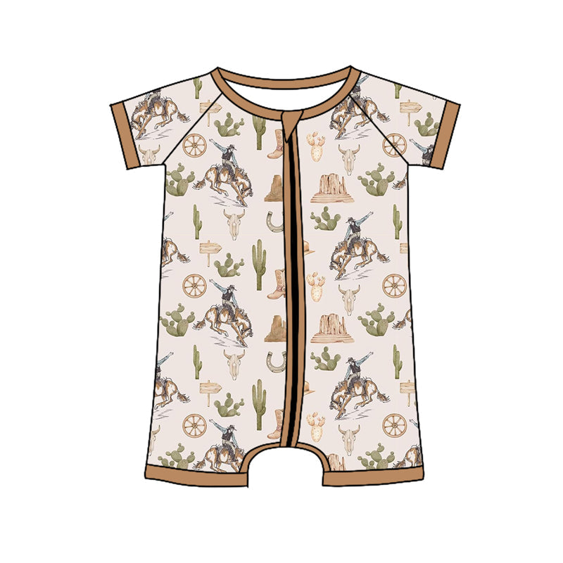 Preorder Baby Boy Infant Short Sleeves Western Rodeo Cactus Zipper Romper ( Moq 5 )