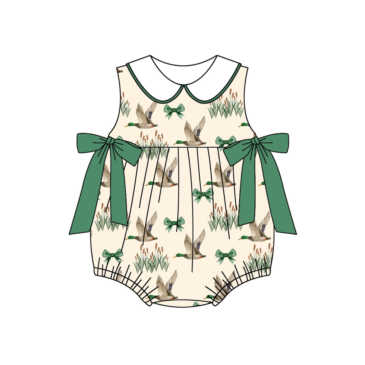 Preorder Baby Girl Infant Ducks Green Bows Bubble Romper ( Moq 5 )