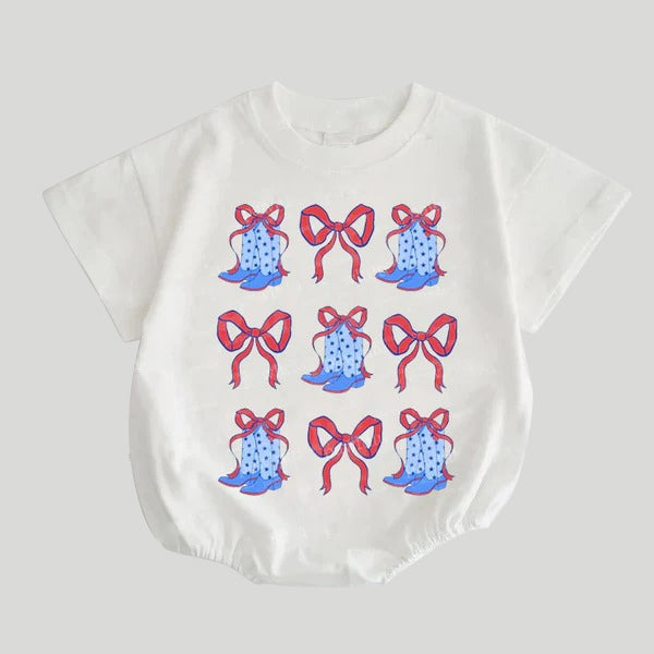 Preorder Baby Girl Infant July 4th Short Sleeves Boots Bows Western Bubble Romper ( Moq 5 )