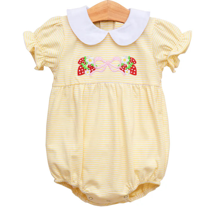 Preorder Baby Girl Infant Short Sleeves Stripes Strawberry Bow Bubble Romper ( Moq 5 )