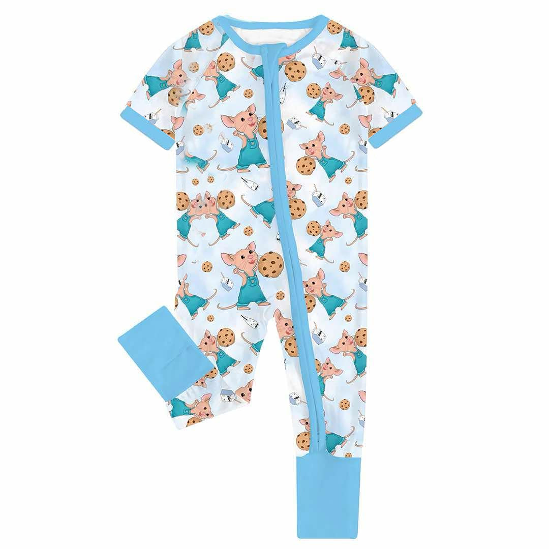 Preorder Baby Kids Infant Short Sleeves Cartoon Cookie Mouse Zipper Blue Romper ( Moq 5 )