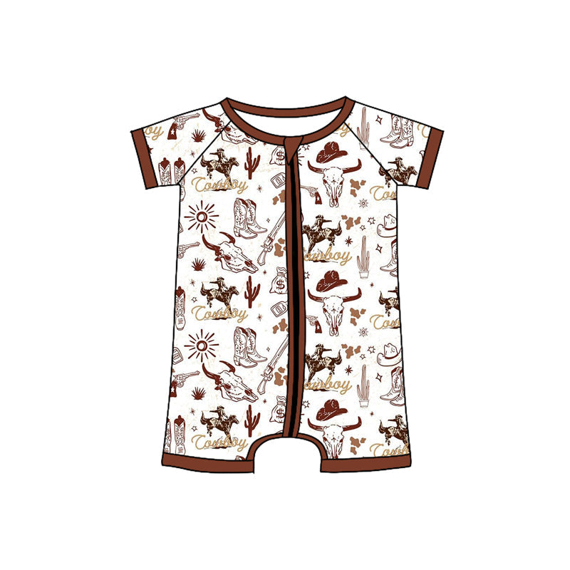 Preorder Baby Boy Infant Short Sleeves Western Rodeo Cowboy Zipper Romper ( Moq 5 )