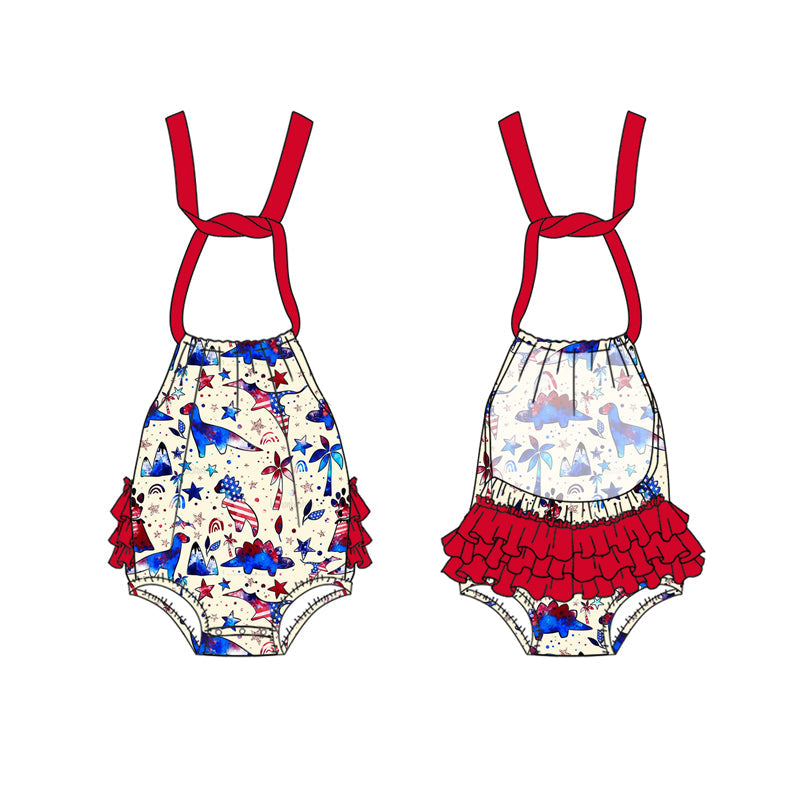 Preorder Baby Girl Infant Halter July 4th Dinosaurs Ruffle Romper ( Moq 5 )