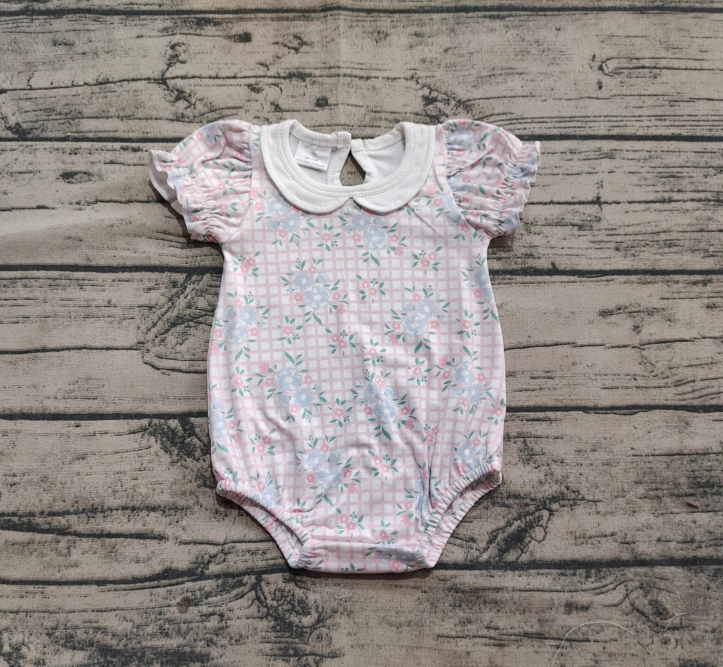 Baby Girl Infant Short Sleeves Pink Checkered Flower Bubble Romper RTS