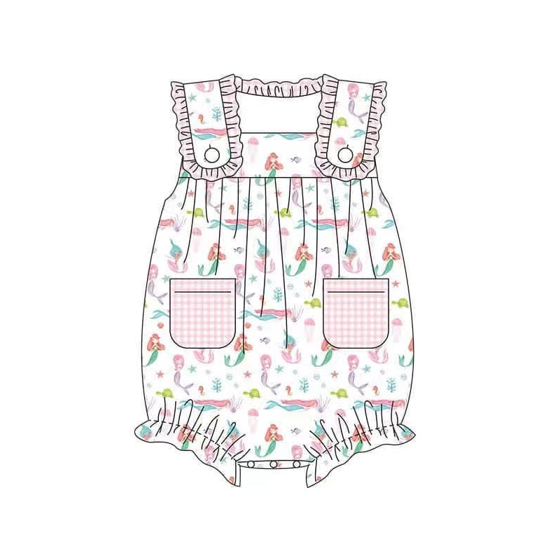 Baby Girl Sleeveless Mermaid Pockets Bubble Romper RTS