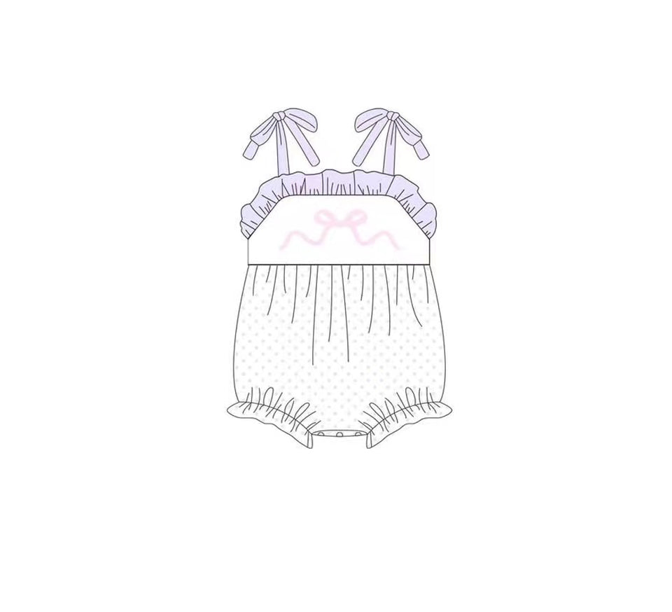 Preorder Baby Girl Infant Straps Bow Dots Purple Ruffle Bubble Romper ( Moq 5 )