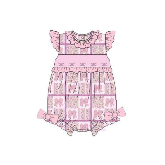 Preorder Baby Girl Infant Flutter Sleeves Pink Bows Flower Bubble Romper ( Moq 5 )