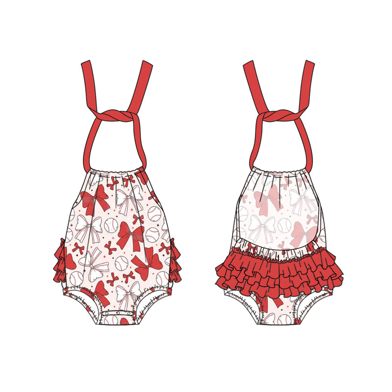 Preorder Baby Girl Infant Halter Bows Baseball Red Ruffle Bubble Romper ( Moq 5 )