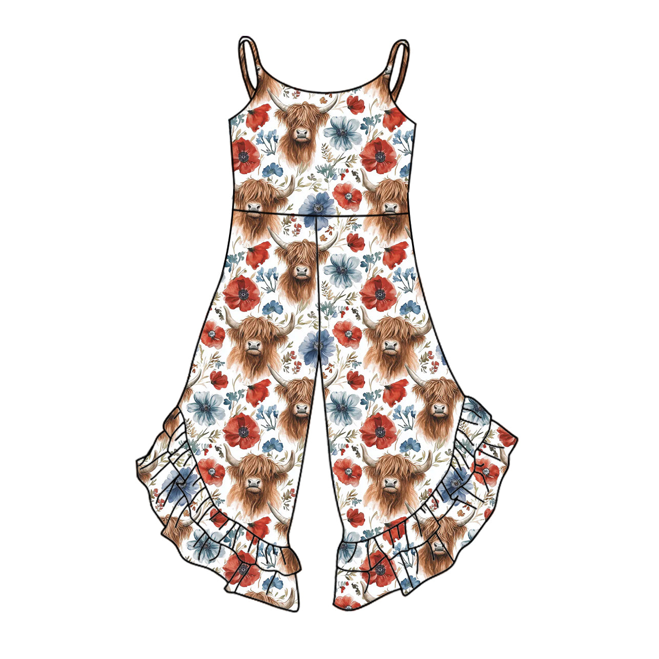 Preorder Baby Girl Straps July 4th Western Cow Flower Ruffle Pants Jumpsuit ( Moq 5 )