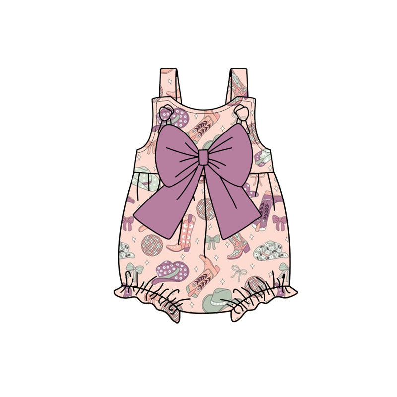 Baby Girl Infant Strap Hats Boots Purple Bow Western Bubble Romper RTS