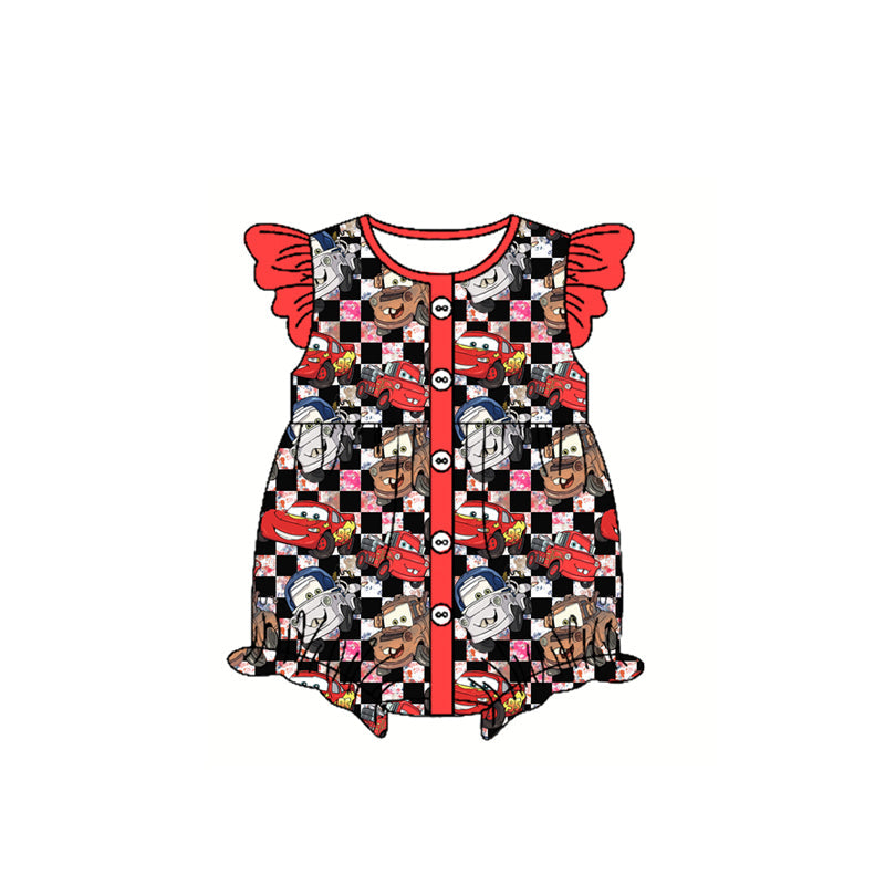 Preorder Baby Girl Infant Flutter Sleeves Button Plaid Cartoon Car Bubble Romper ( Moq 5 )