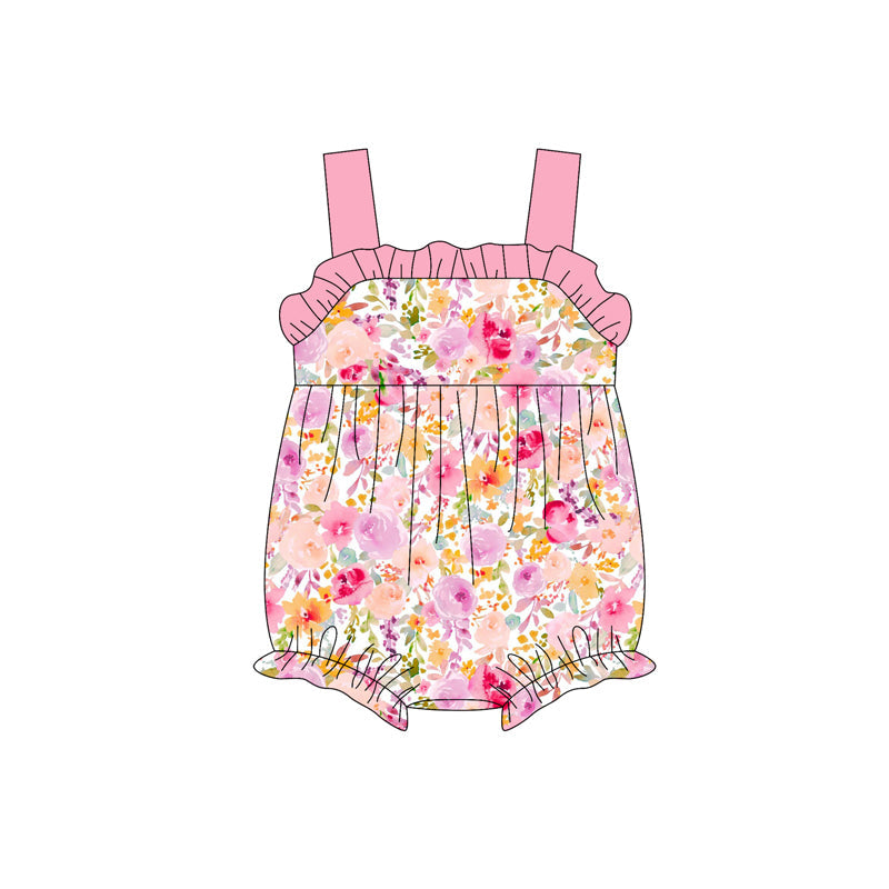 Preorder Baby Girl Infant Straps Floral Ruffle Pink Bubble Romper ( Moq 5 )