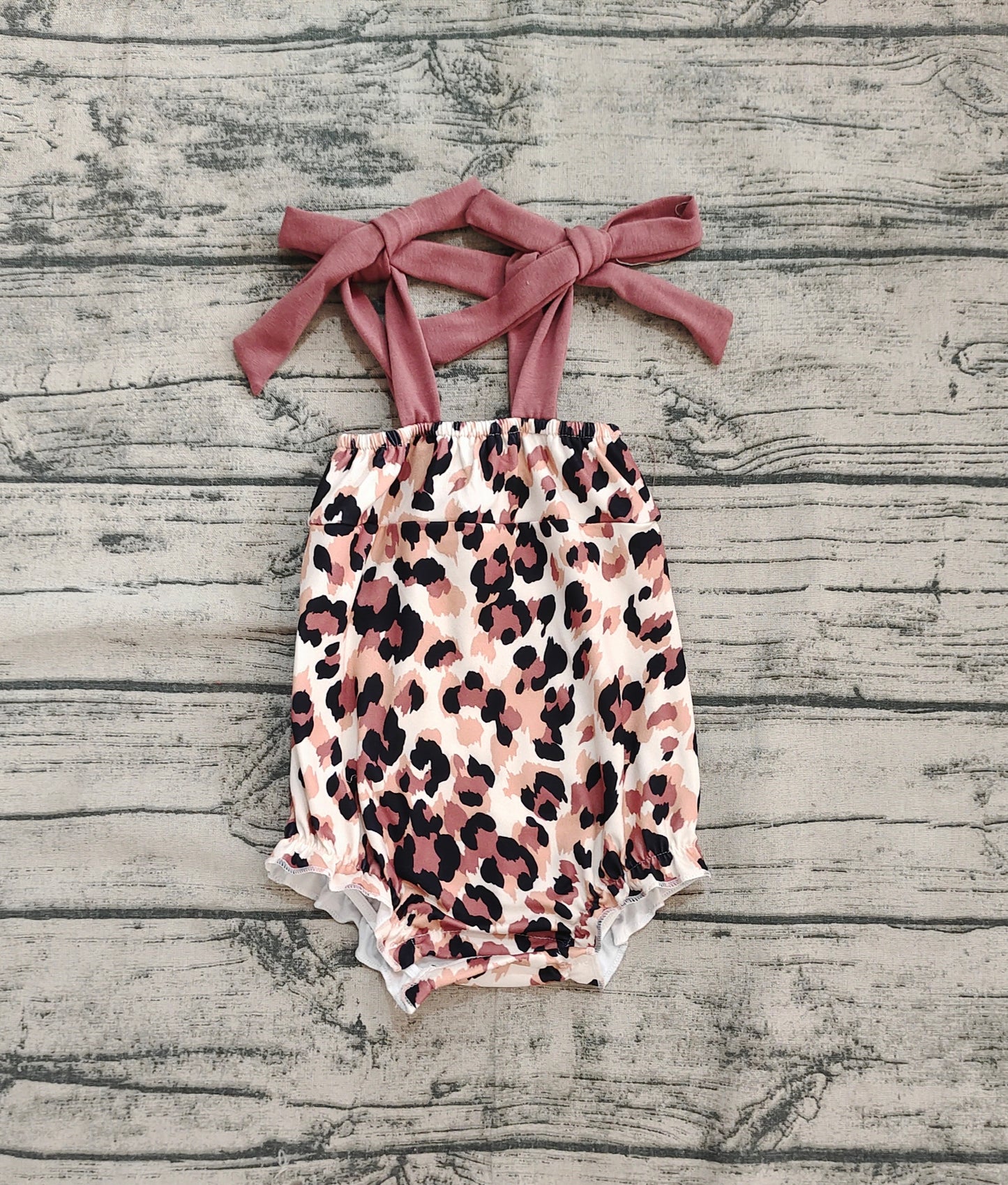 Baby Infant Girl Straps Brown Bows Leopard Bubble Romper RTS