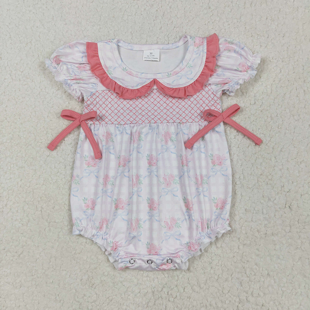 Baby Girl Short Sleeves Embroidery Plaid Bows Sibling Romper Outfit Clothes RTS