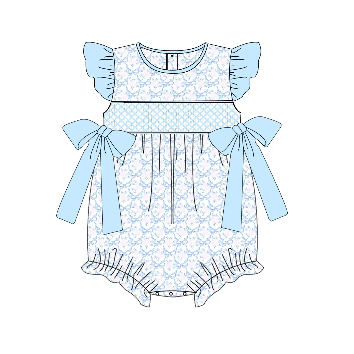 Preorder Baby Girl Infant Short Sleeves Floral Blue Bows Bubble Romper ( Moq 5 )