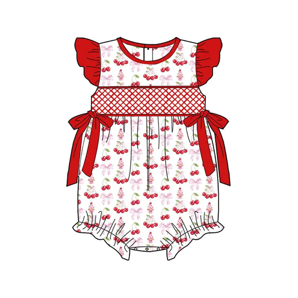 Preorder Baby Girl Infant Short Sleeves Cherry Red Bows Bubble Romper ( Moq 5 )