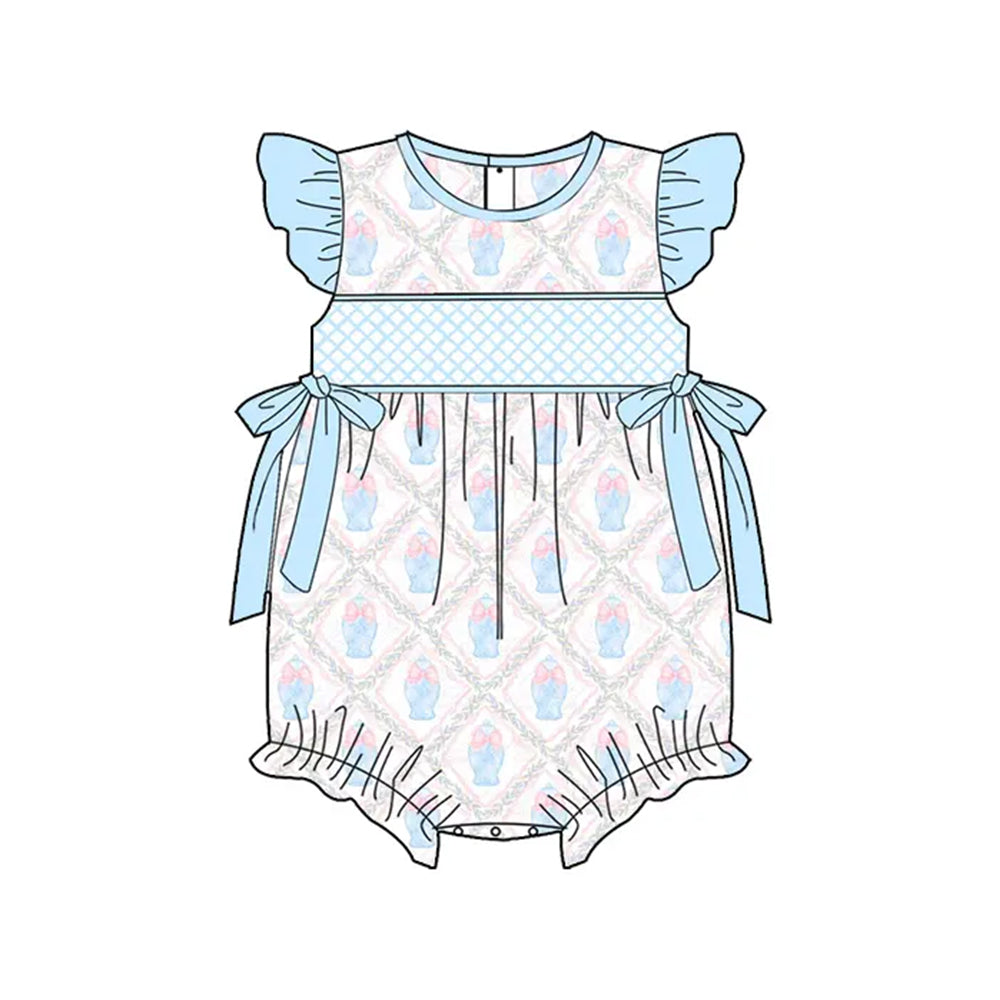 Preorder Baby Girl Infant Short Sleeves Flower Blue Bows Bubble Romper ( Moq 5 )
