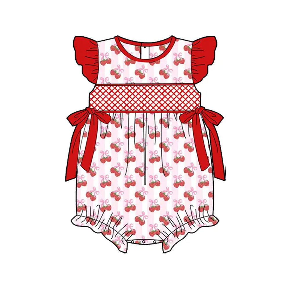 Preorder Baby Girl Infant Short Sleeves Strawberry Red Bows Bubble Romper ( Moq 5 )