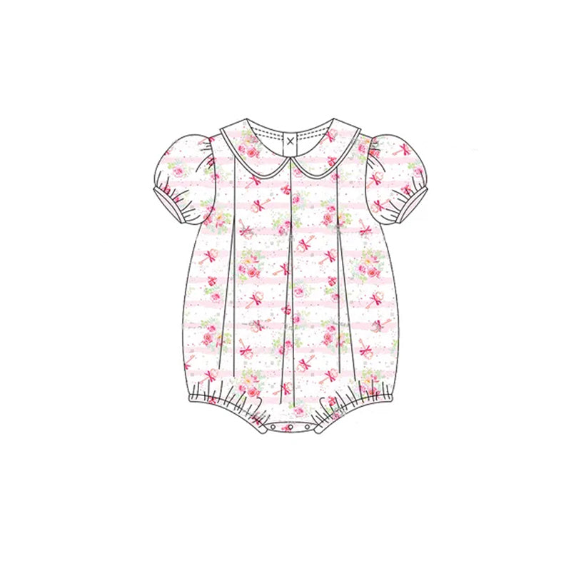 Preorder Baby Girl Infant Short Sleeves Stripes Floral Bubble Pink Romper ( Moq 5 )