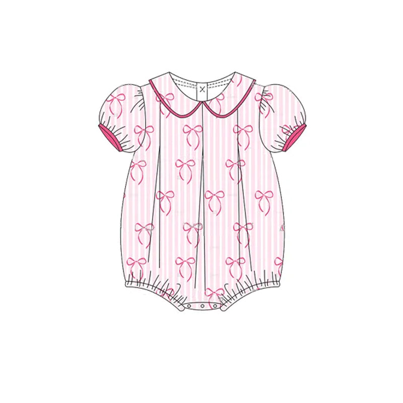Preorder Baby Girl Infant Short Sleeves Pink Stripes Bows Bubble Romper ( Moq 5 )