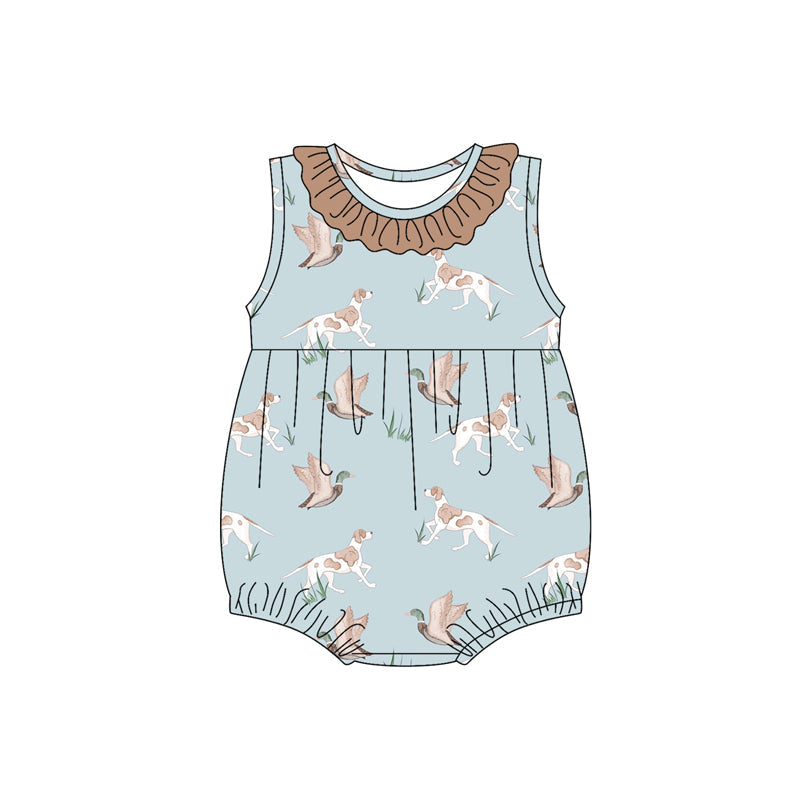 Preorder Baby Girl Infant Sleeveless Dogs Ducks Ruffle Hunting Bubble Romper ( Moq 5 )