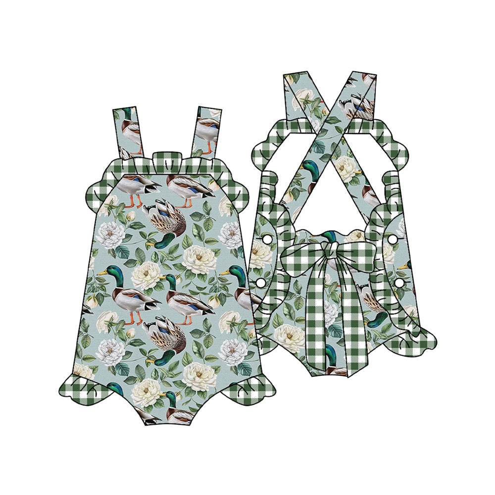 Preorder Baby Girl Infant Straps Ducks Flower Green Plaid Bubble Romper ( Moq 5 )