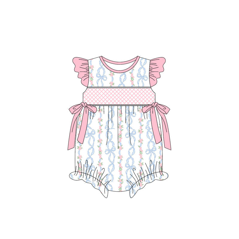 Preorder Baby Girl Infant Short Sleeves Pink Bows Floral Bubble Romper ( Moq 5 )