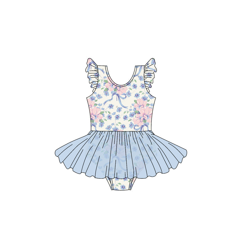 Preorder Baby Girl Short Sleeves Flower Blue Bows Skort Bummie Swimsuit Swimwear ( Moq 5 )