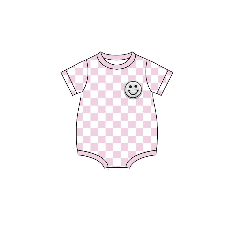 Preorder Baby Girl Infant Short Sleeves Smile Pink Checked Bubble Romper ( Moq 5 )