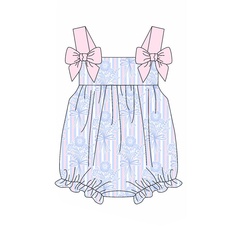 Preorder Baby Girl Infant Pink Bows Straps Flower Stripes Bubble Romper ( Moq 5 )