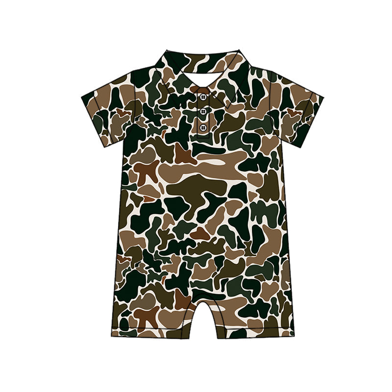 Baby Boy Infant Short Sleeves Brown Camo Buttons Romper RTS