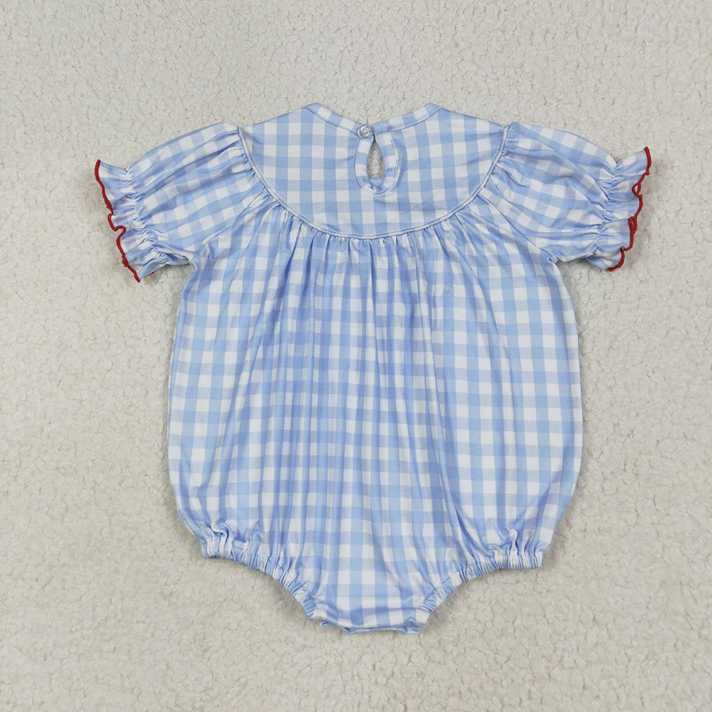 Sibling Baby Girl Short Sleeves Embroidery Farm Animals Smocked Blue Plaid Sibling Romper Dress Clothes RTS