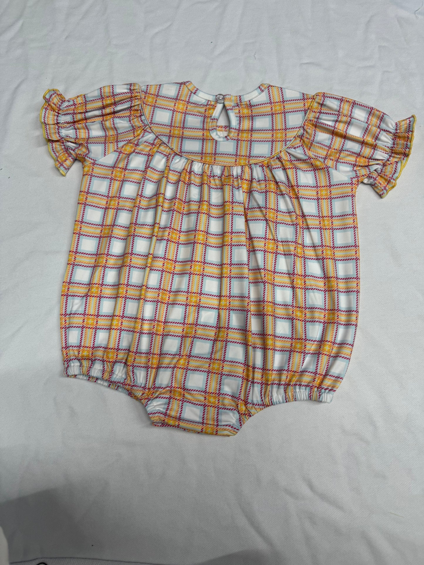 Baby Girl Short Sleeves Embroidery Farm Animals Plaid Bubble Smocked Romper RTS