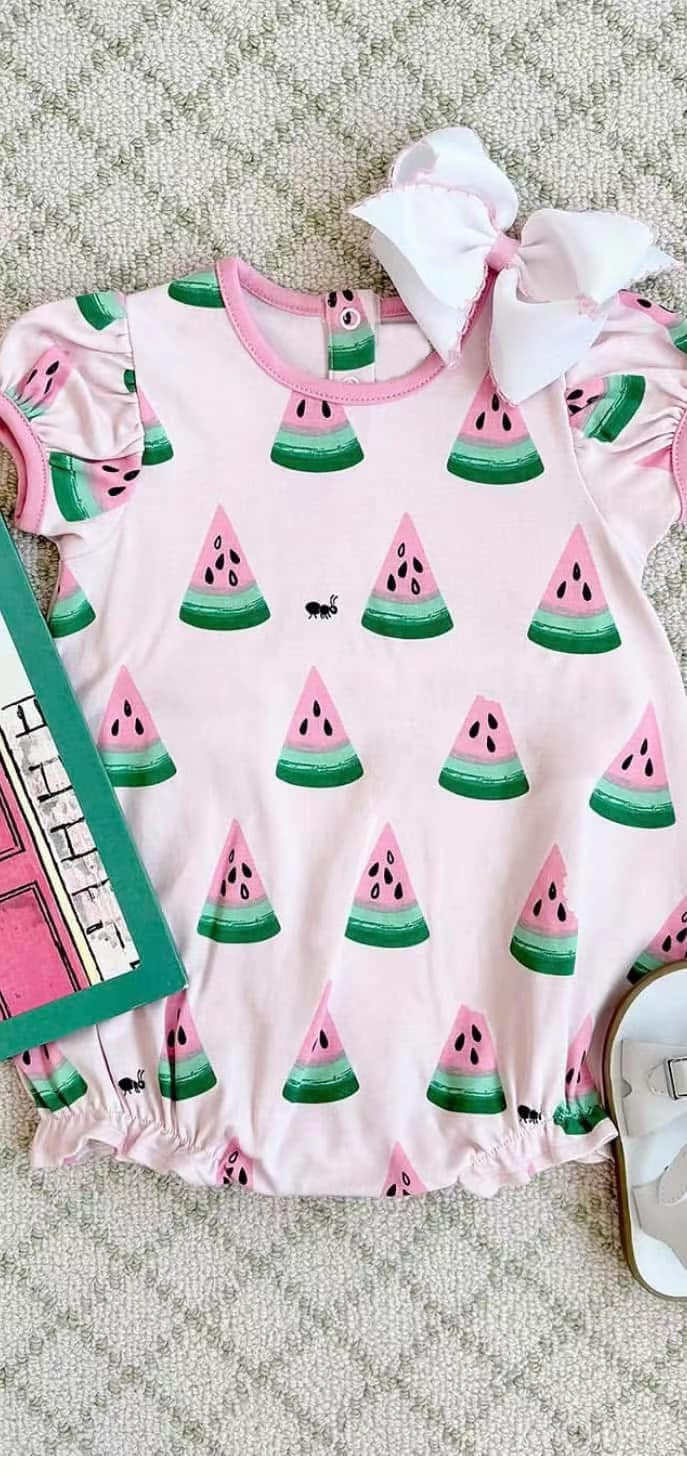 Preorder Baby Girl Infant Short Sleeves Watermelons Pink Bubble Romper ( Moq 5 )