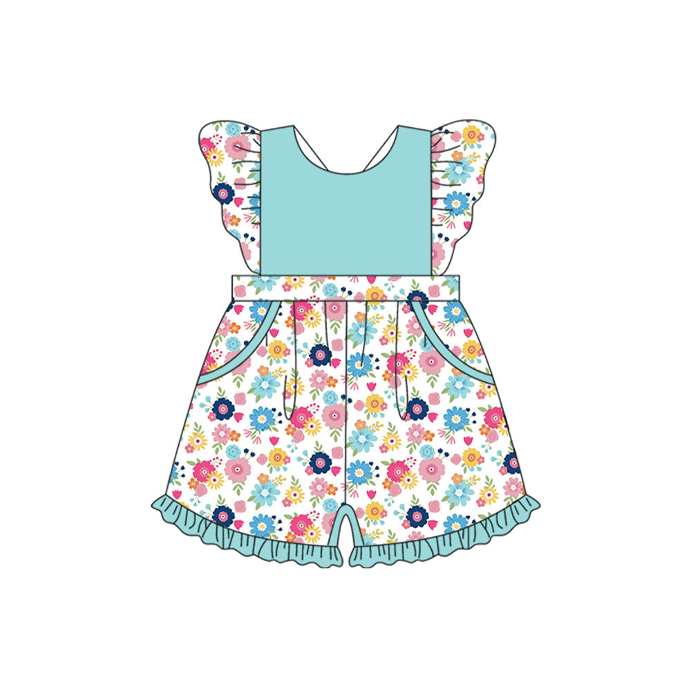 Preorder Baby Girl Short Sleeves Green Flower Pockets Jumpsuit ( Moq 5 )