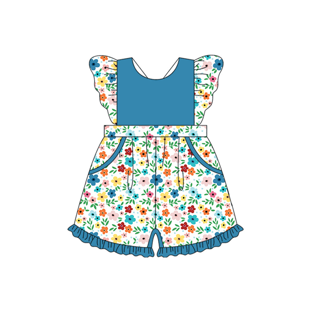 Preorder Baby Girl Short Sleeves Blue Flower Pockets Jumpsuit ( Moq 5 )