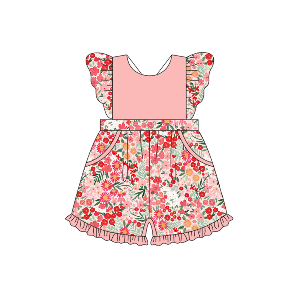 Preorder Baby Girl Short Sleeves Pink Flower Pockets Jumpsuit ( Moq 5 )