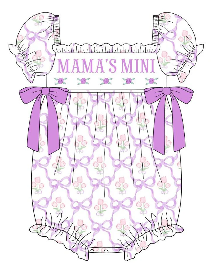 Preorder Baby Girl Short Sleeves Flower Purple Bows Mama's Mini Bubble Romper( Moq 5 )