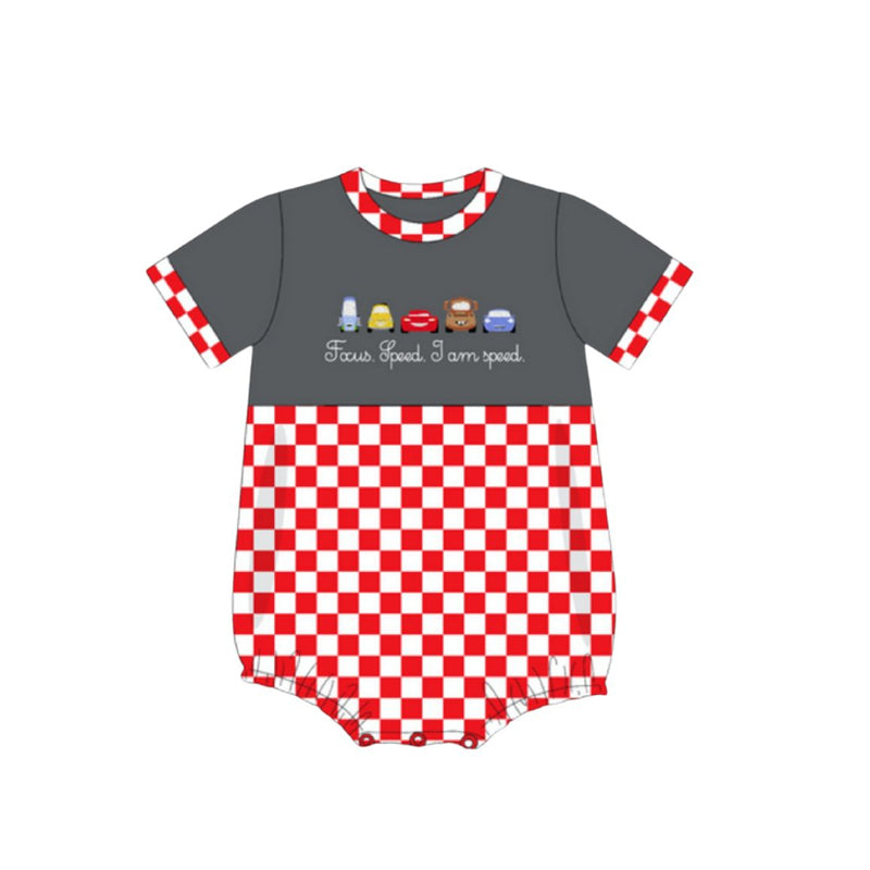Preorder Baby Boy Short Sleeves Cartoon Car Checked Bubble Romper ( Moq 5 )