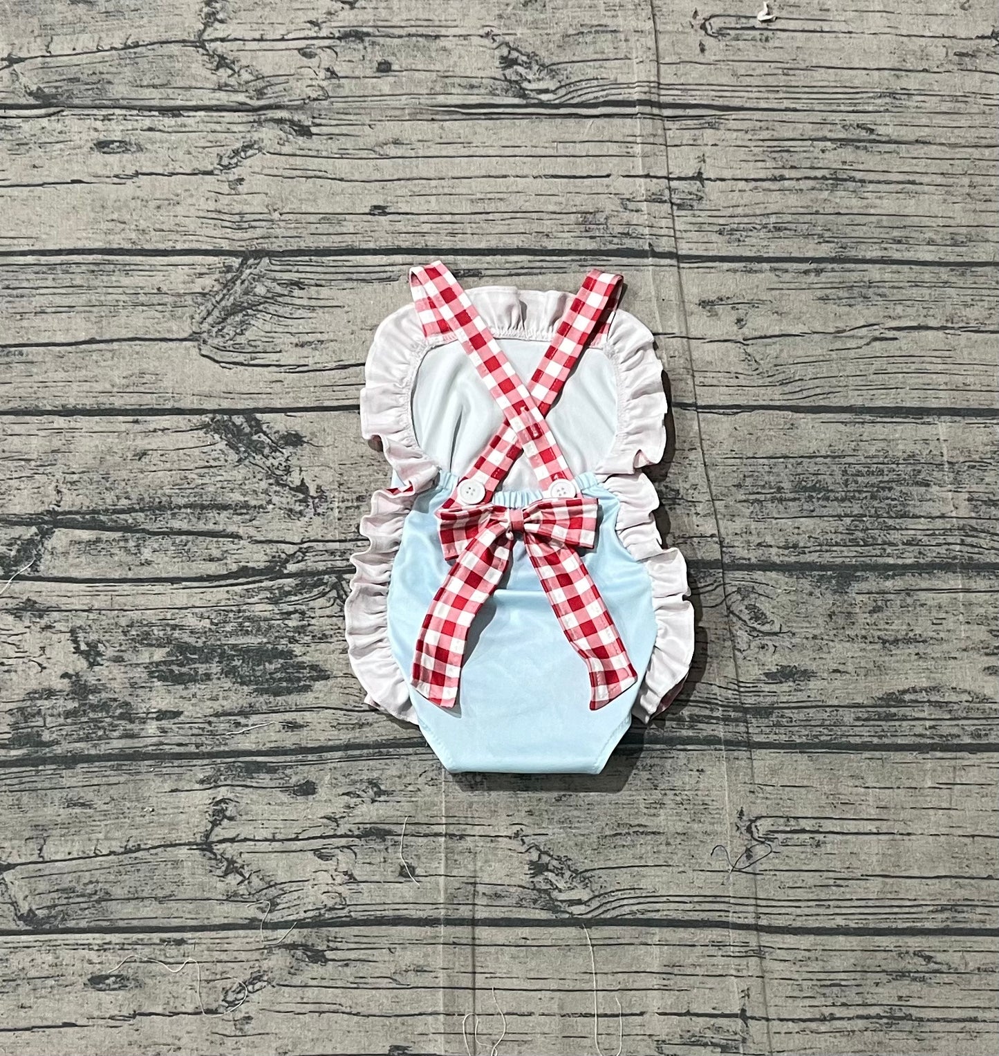 Baby Girl Infant Straps Red Plaid Bow Bubble Summer Romper RTS