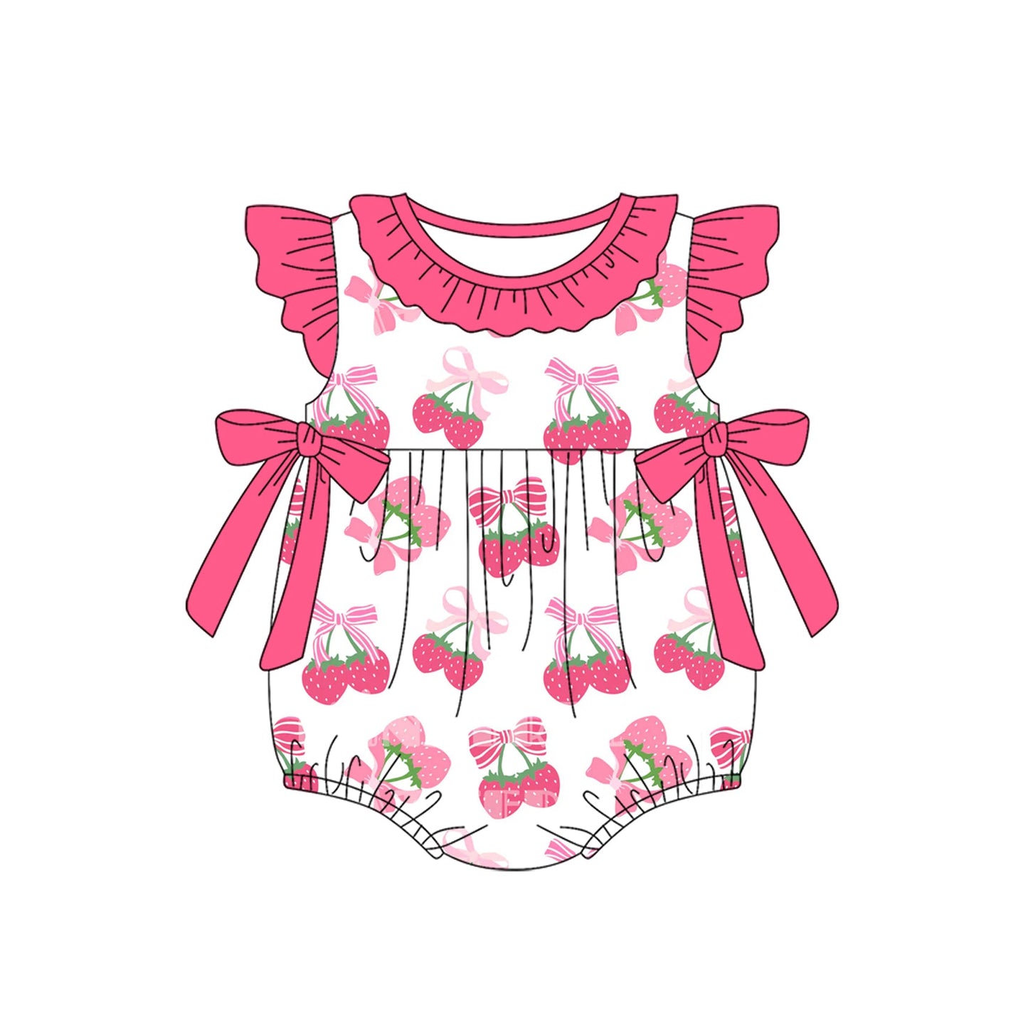 Preorder Baby Girl Short Sleeves Pink Bows Strawberry Bubble Romper ( Moq 5 )