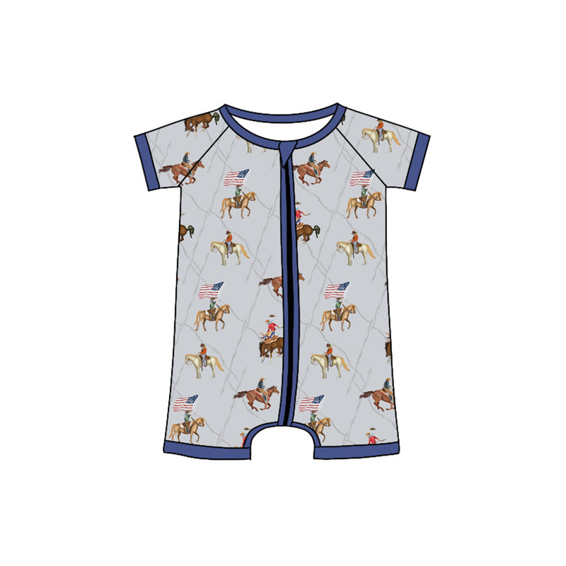 Preorder Baby Boy 4th Of July Short Sleeves Western Rodeo Flags Zipper Romper ( Moq 5 )