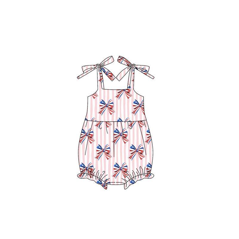 Preorder Baby Girl Straps Stripes Bows 4th Of July Bubble Romper ( Moq 5 )