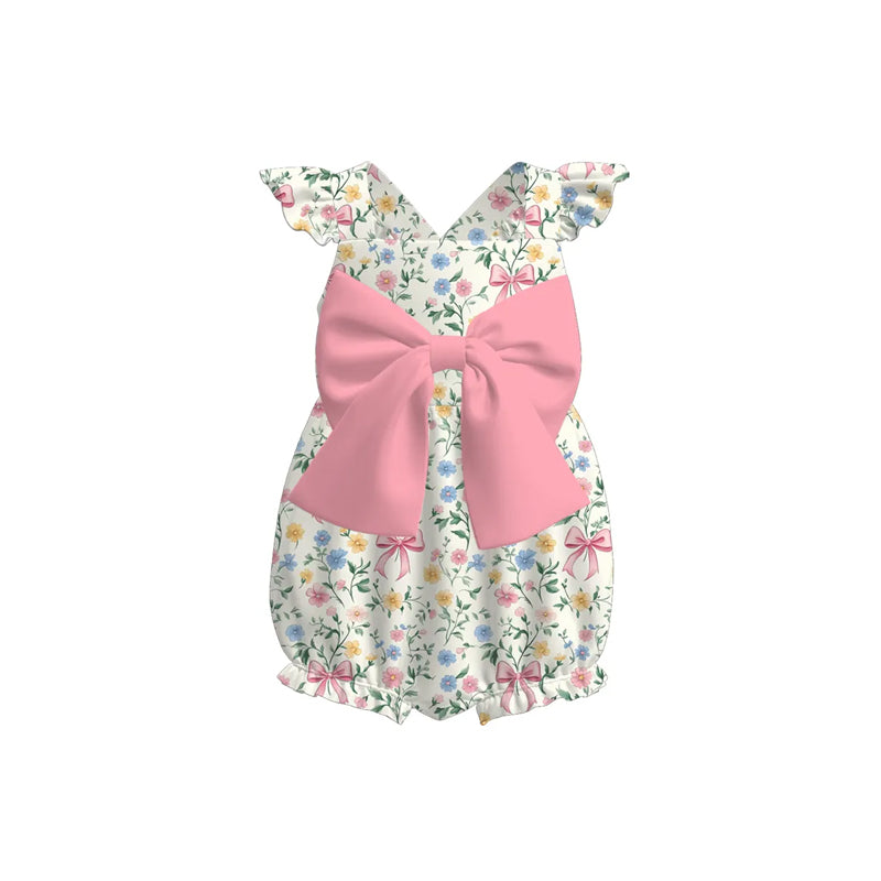 Preorder Baby Girl Short Sleeves Pink Bows Flower Bubble Romper ( Moq 5 )