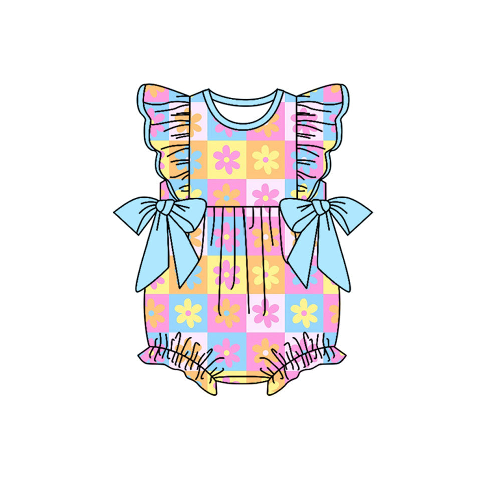 Baby Girl Short Sleeves Bows Flower Plaid Bubble Romper RTS