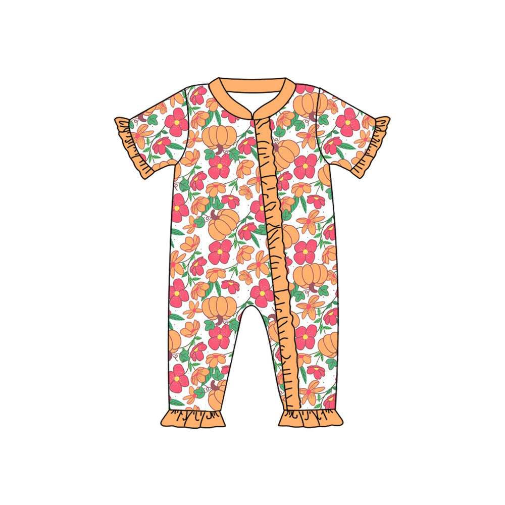 Preorder Baby Girl Infant Short Sleeves Flower Pumpkins Zipper Romper ( Moq 5 )