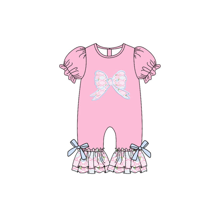( Moq 5 ) Preorder Baby Girl Pink Short Sleeves Flower Bows Ruffle Romper